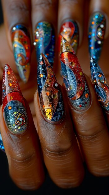 Foto een vrouw die haar nagels met kleurrijke ontwerpen omhoog houdt