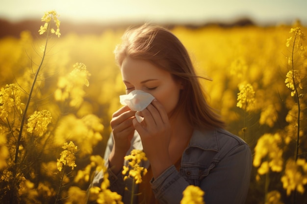 Een vrouw die haar neus snuit in een veld met gele bloemen Generatieve AI