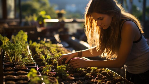 Een vrouw die haar planten verzorgt in de daktuin