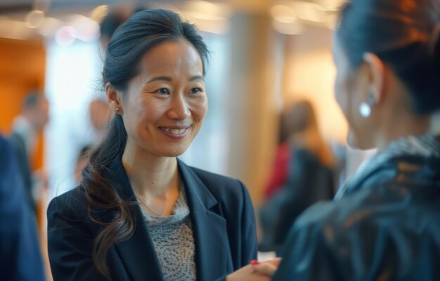 Een vrouw die haar zakenpartner begroet tijdens een kantoorvergadering op de dag van de arbeid