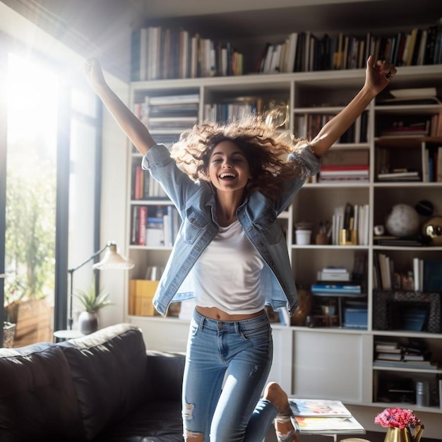 een vrouw die in de lucht springt in een woonkamer