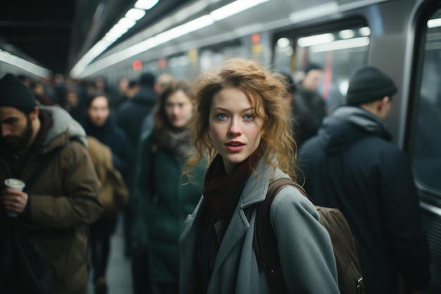 een vrouw die in de metro staat met veel mensen om haar heen