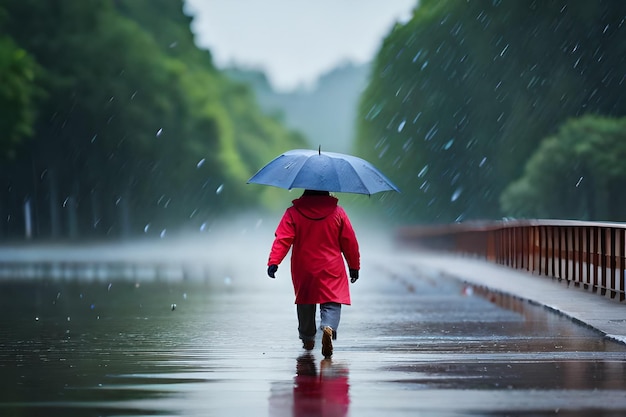 Een vrouw die in de regen loopt met een paraplu.