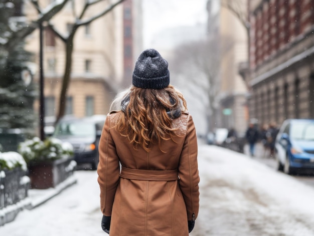 Een vrouw die in de sneeuw loopt