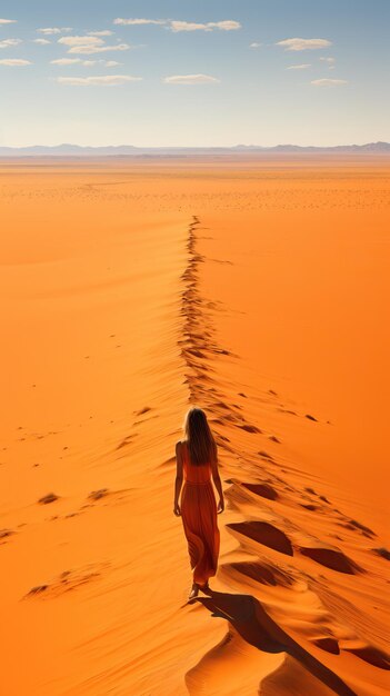 Een vrouw die in de woestijn loopt.