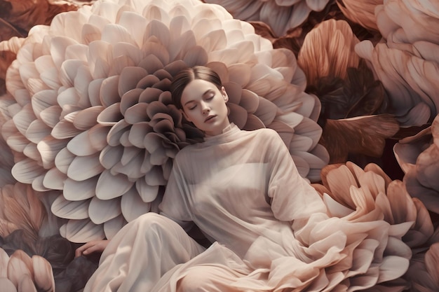 Een vrouw die in een bed van bloemen ligt Generatief AI-beeld