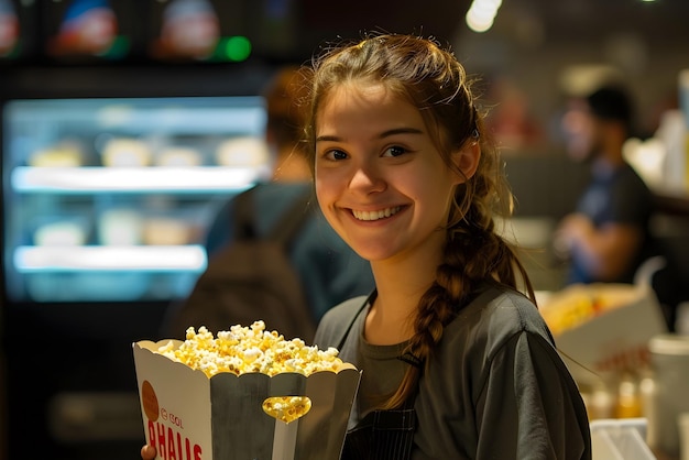 Foto een vrouw die in een bioscoop werkt en een kop popcorn vasthoudt