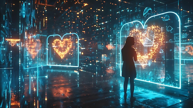 Een vrouw die in een digitale ruimte staat kijkt naar een gloeiend hartvormig portaal het portaal is gemaakt van oranje licht en heeft een blauwe omtrek