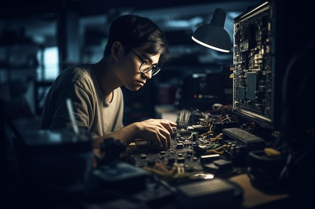 Een vrouw die in een donkere kamer aan een computer werkt