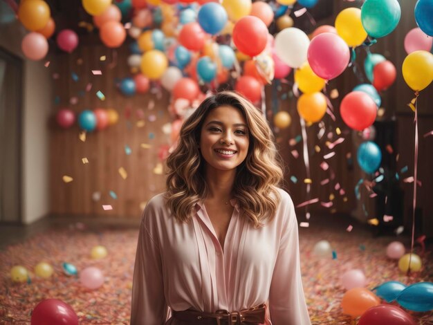 een vrouw die in een kamer staat met ballonnen op de achtergrond en confetti die van het plafond valt