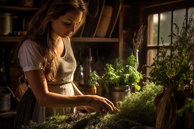 Een vrouw die in een keuken staat naast een bos planten