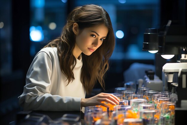 Een vrouw die in een laboratorium werkt met een microscoop en een flesje vloeistof.