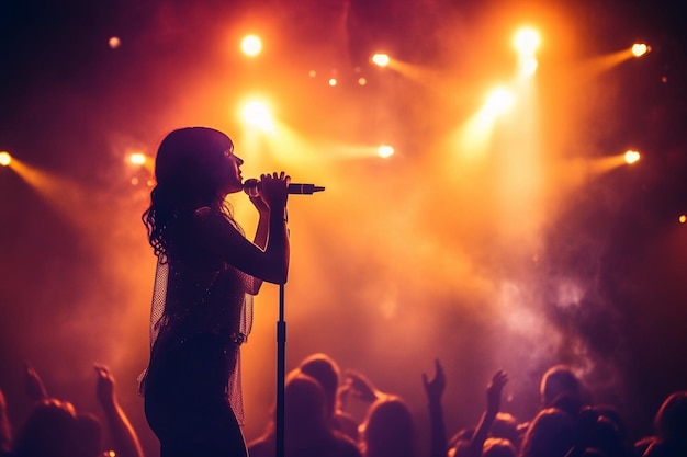 Een vrouw die in een microfoon zingt voor een menigte lichten