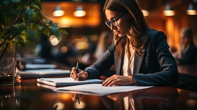 een vrouw die in een notitieboek aan een tafel schrijft