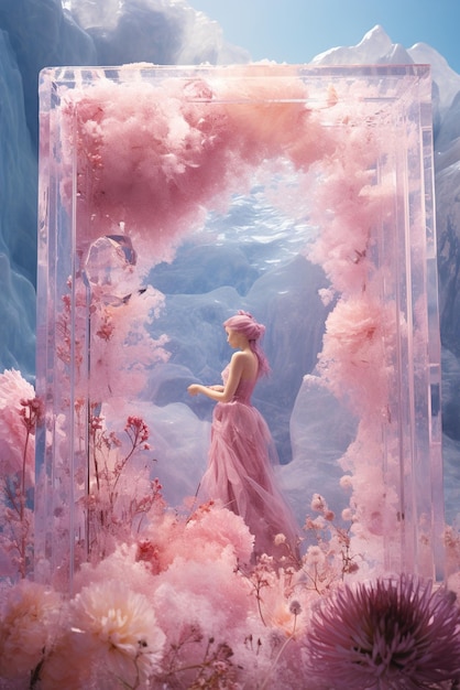 Een vrouw die in een roze bloemenveld in een ijskoude grot staat