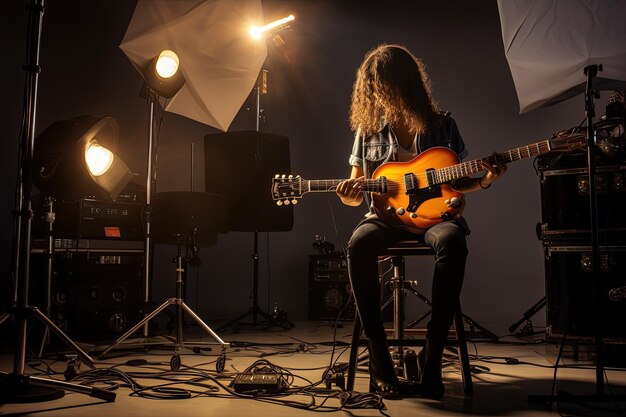 Een vrouw die in een stoel zit en gitaar speelt