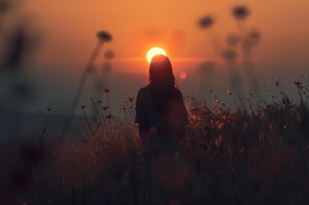 Een vrouw die in een veld staat bij zonsondergang.