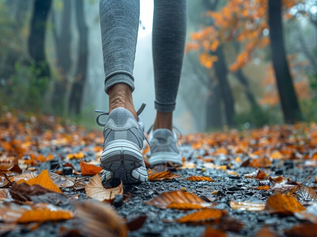 Foto een vrouw die in het bos loopt met een paar loopschoenen