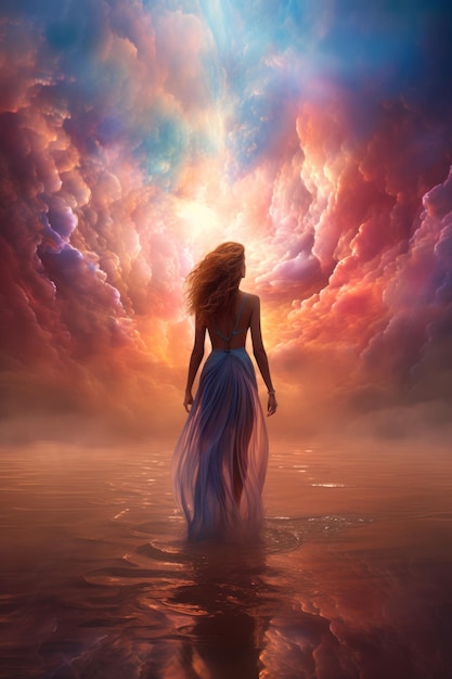 Een vrouw die in het midden van een surrealistisch wolkenlandschap staat met een helder licht in de verte
