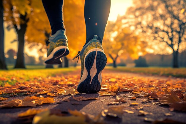 een vrouw die in het park rent met herfstbladeren op de grond.