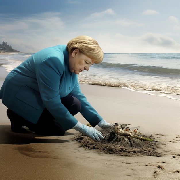 Foto een vrouw die in het zand graaft met een krab in haar hand.