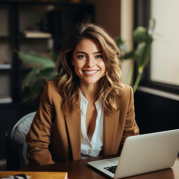 Een vrouw die lacht op een laptop