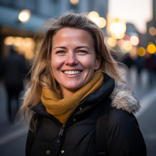 een vrouw die lacht op een straat in de stad