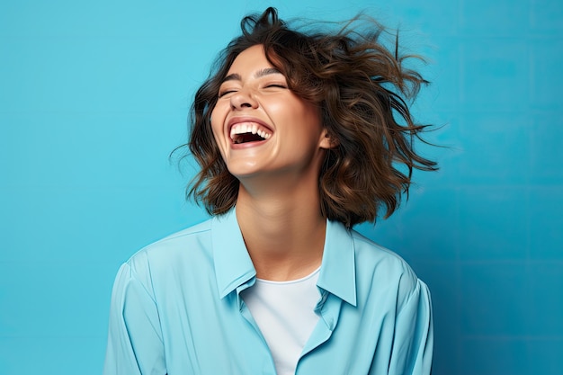 een vrouw die lacht terwijl haar haren in de wind wapperen