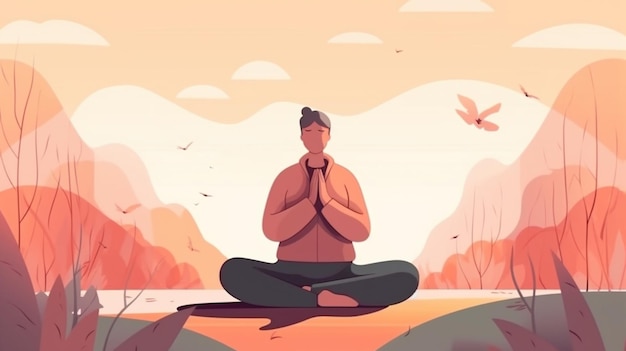Een vrouw die mediteert in een yogahouding met een roze achtergrond en een vogel op de achtergrond.