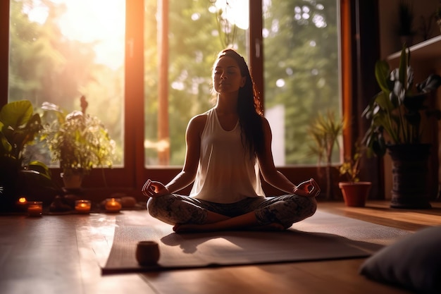 Een vrouw die mediteert in een yogastudio