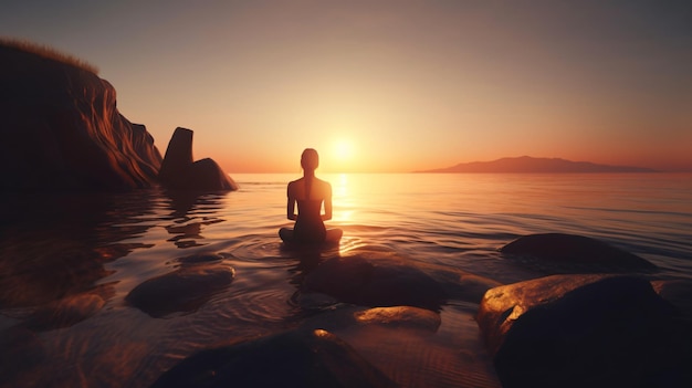 Foto een vrouw die mediteert in het water bij zonsondergang