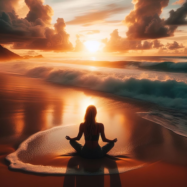 Foto een vrouw die mediteert op een strand met de zon achter haar ondergaan