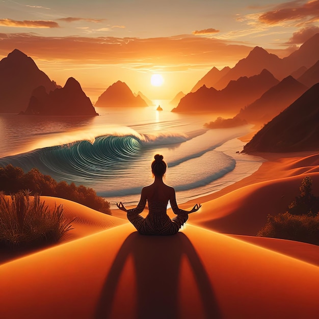 een vrouw die mediteert voor een prachtige zonsondergang op het strand