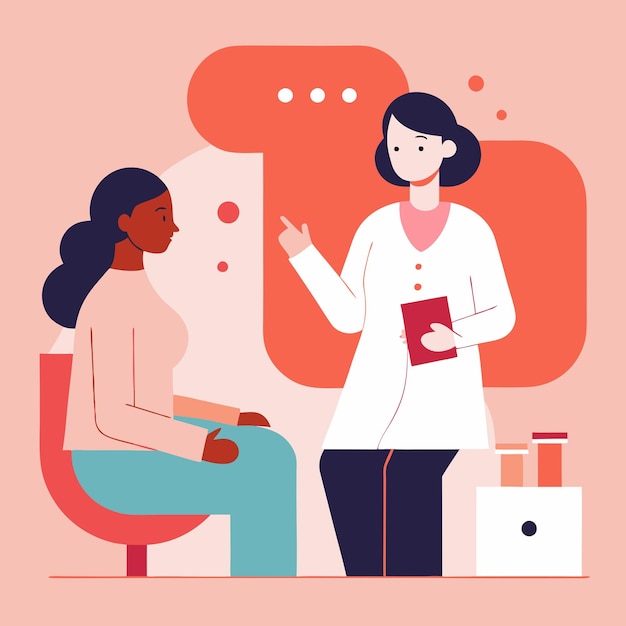 een vrouw die met een dokter praat met een witte labjas aan
