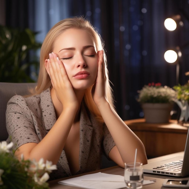 een vrouw die met gesloten ogen aan een bureau zit