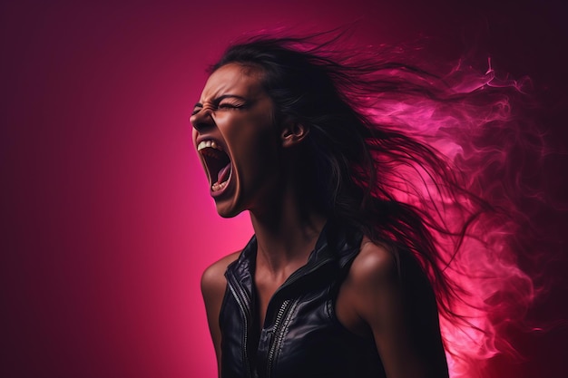 een vrouw die met haar mond open schreeuwt op een roze achtergrond