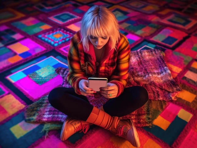 Foto een vrouw die met haar telefoon een spelletje op de grond speelt in de stijl van kleurrijke kitsch