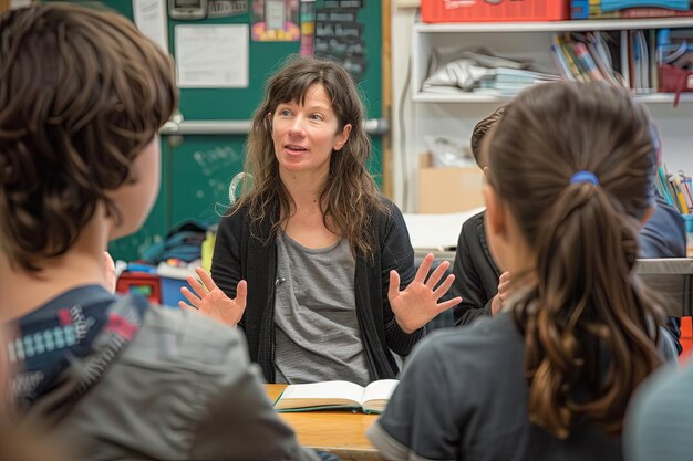 Een vrouw die met studenten praat in een klaslokaal