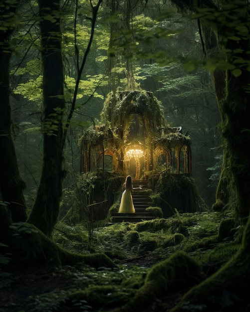 een vrouw die midden in een bos staat met een tuinhuisje