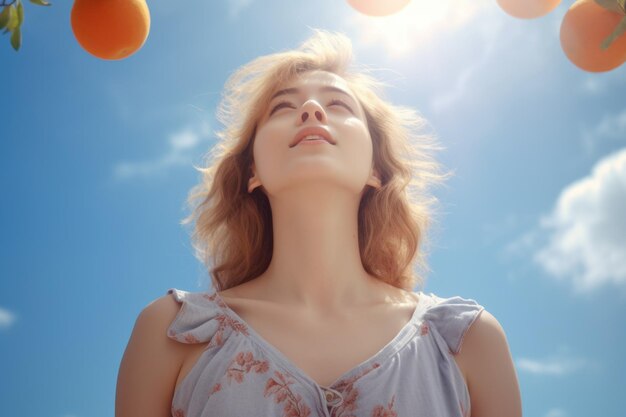 Foto een vrouw die onder een sinaasappelboom staat en naar de hemel kijkt deze afbeelding kan worden gebruikt om contemplatie natuur of mindfulness af te beelden