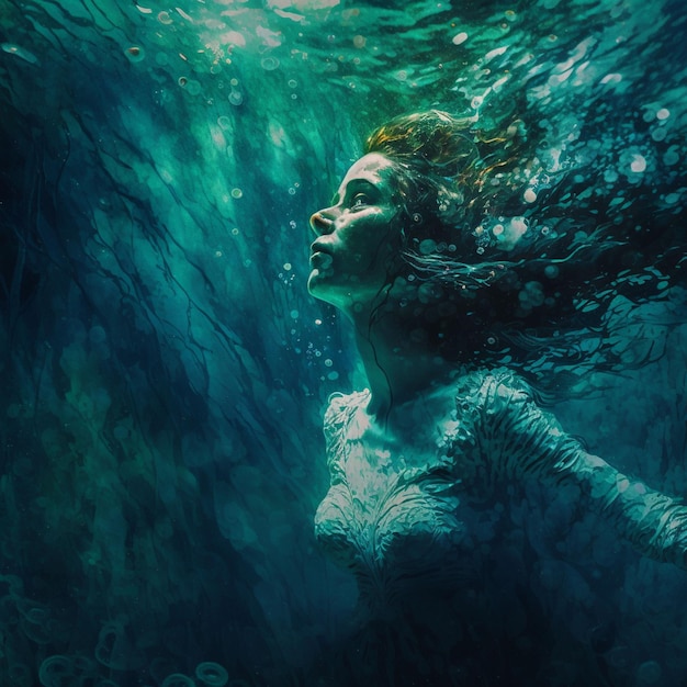 Een vrouw die onder water zwemt met de woorden "het woord" op de bodem. "