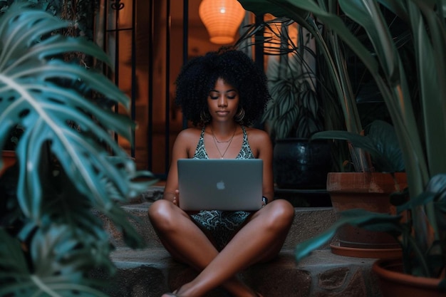 een vrouw die op de trappen zit met een laptop