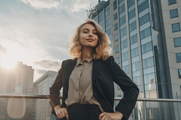 een vrouw die op een balkon staat met een gebouw op de achtergrond