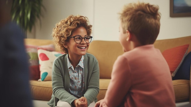 Foto een vrouw die op een bank zit en met een kind praat