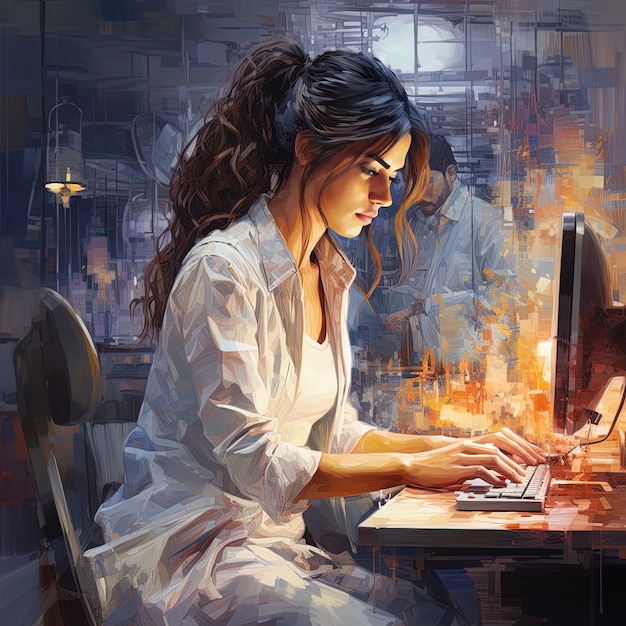 een vrouw die op een computer werkt voor een computermonitor.