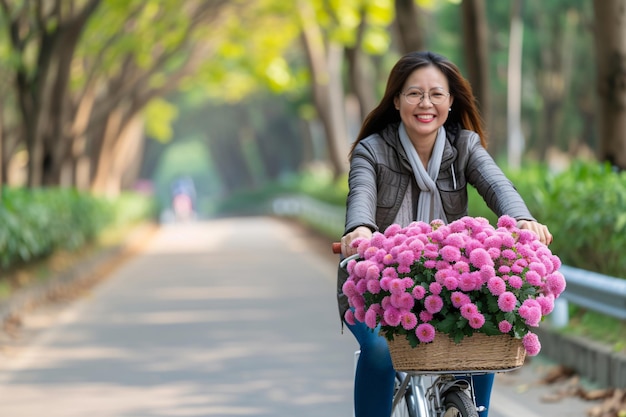 een vrouw die op een fiets rijdt met een mandje met bloemen aan de voorkant