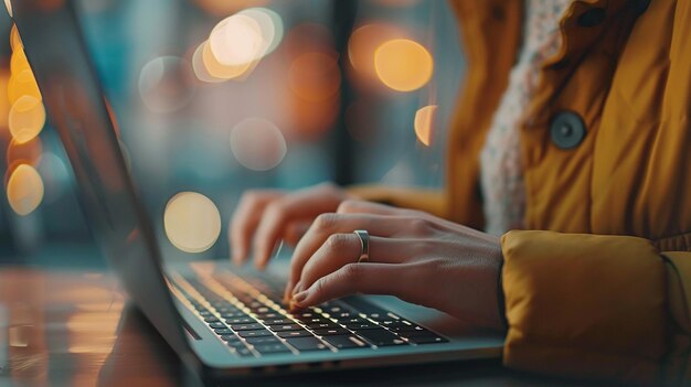 een vrouw die op een laptop schrijft met een wazige achtergrond