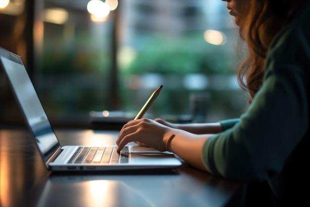 Een vrouw die op een laptop schrijft