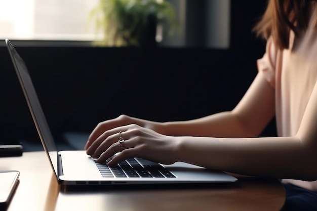 Een vrouw die op een laptop typt met een groene plant op de achtergrond.