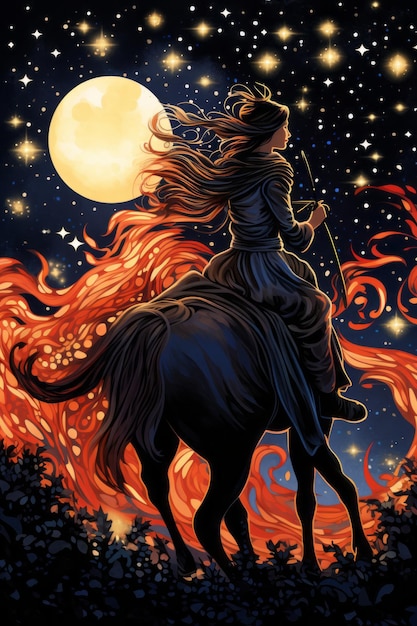 een vrouw die op een paard rijdt voor een volle maan
